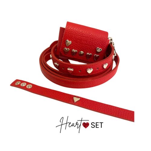 Set cane snugandfit in vera pelle rossa e cuori