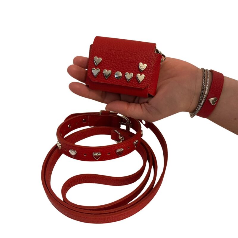 Set cane HEART by Snug&Fit - Collare Guinzaglio Minibag Bracciale - Vera Pelle Rosso - Imagen 2